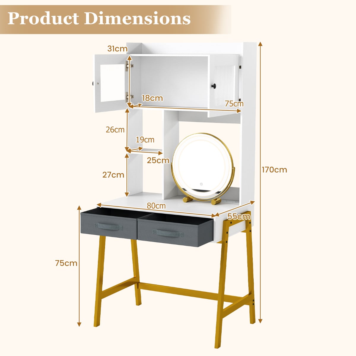 Makeup Vanity Desk with Rotating Mirror and Adjustable Light-White