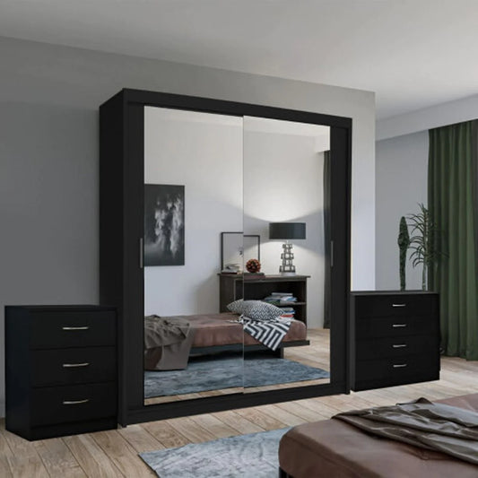 Hackney Sliding Wardrobe Set with Chest of Drawers and Bedside - Black