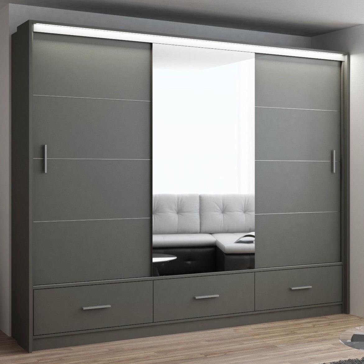 Cornelia 250cm Large High Gloss Sliding Wardrobe -Grey, White, Black