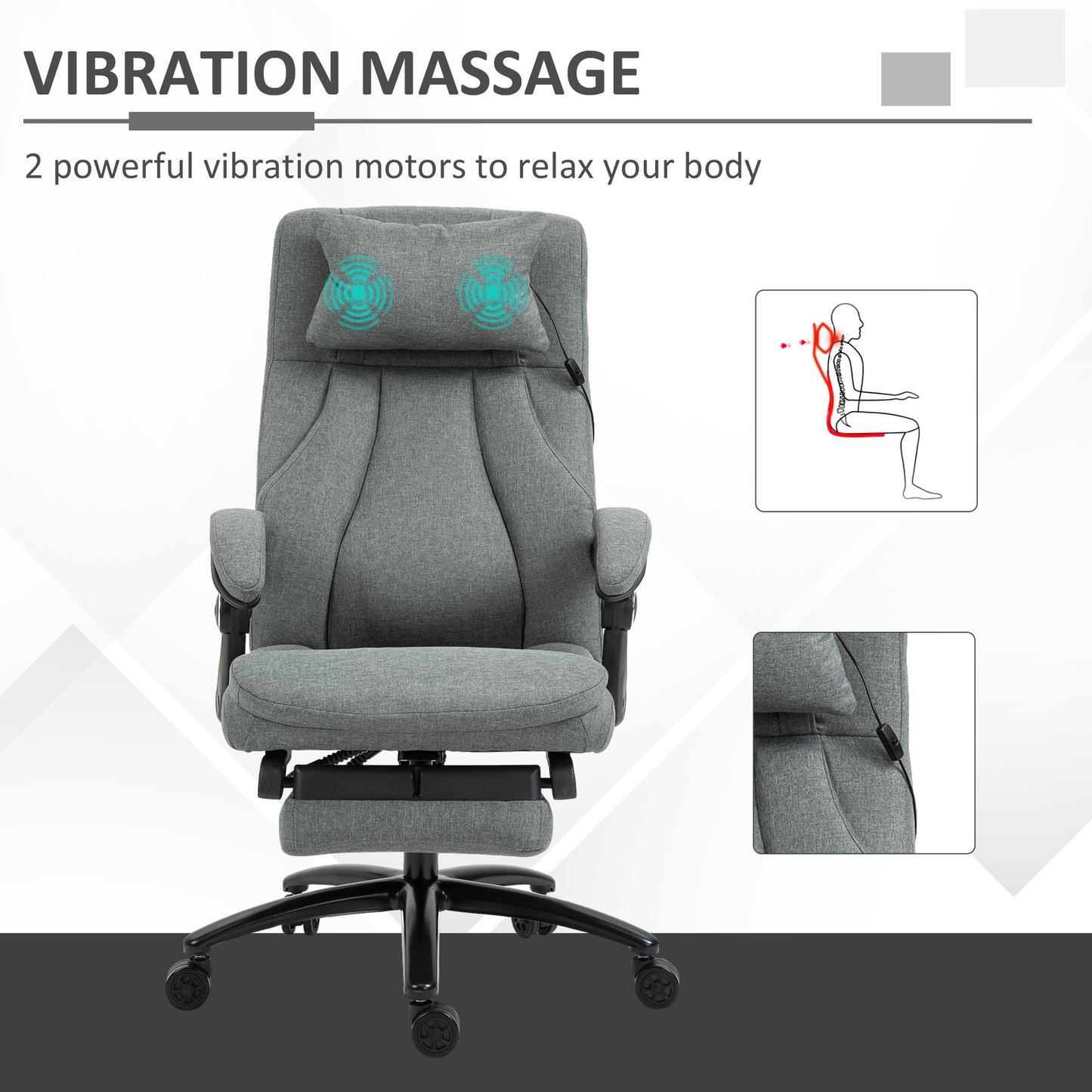 Vinsetto Office Chair 2-Point Removable Vibration Massage Pillow Executive Ergonomic USB Power Adjustable Height 360° Swivel Grey