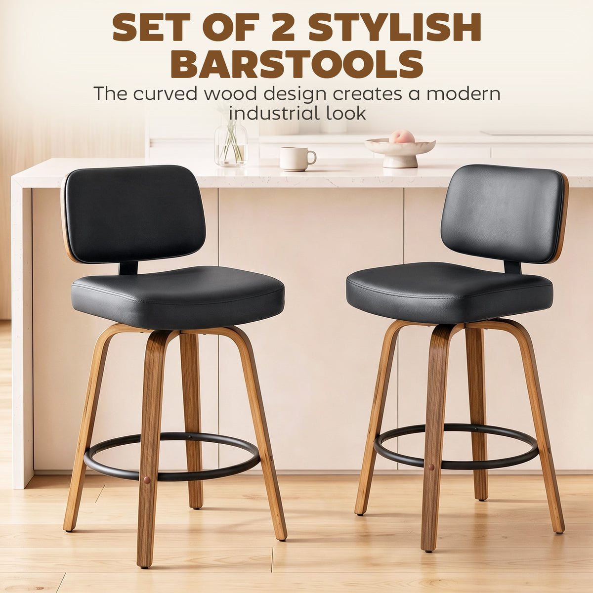 HOMCOM Bar Stools 360° Swivel Breakfast Bar Stools Padded PU Seat Footrest Set of 2 Black