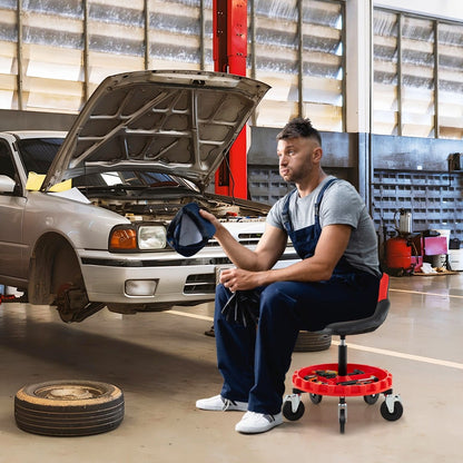 Mechanic Stool on Wheels with 71-83 cm Adjustable Height and Tool Tray Storage-Black & Red