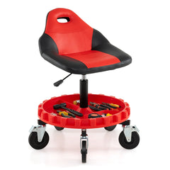 Mechanic Stool on Wheels with 71-83 cm Adjustable Height and Tool Tray Storage-Black & Red