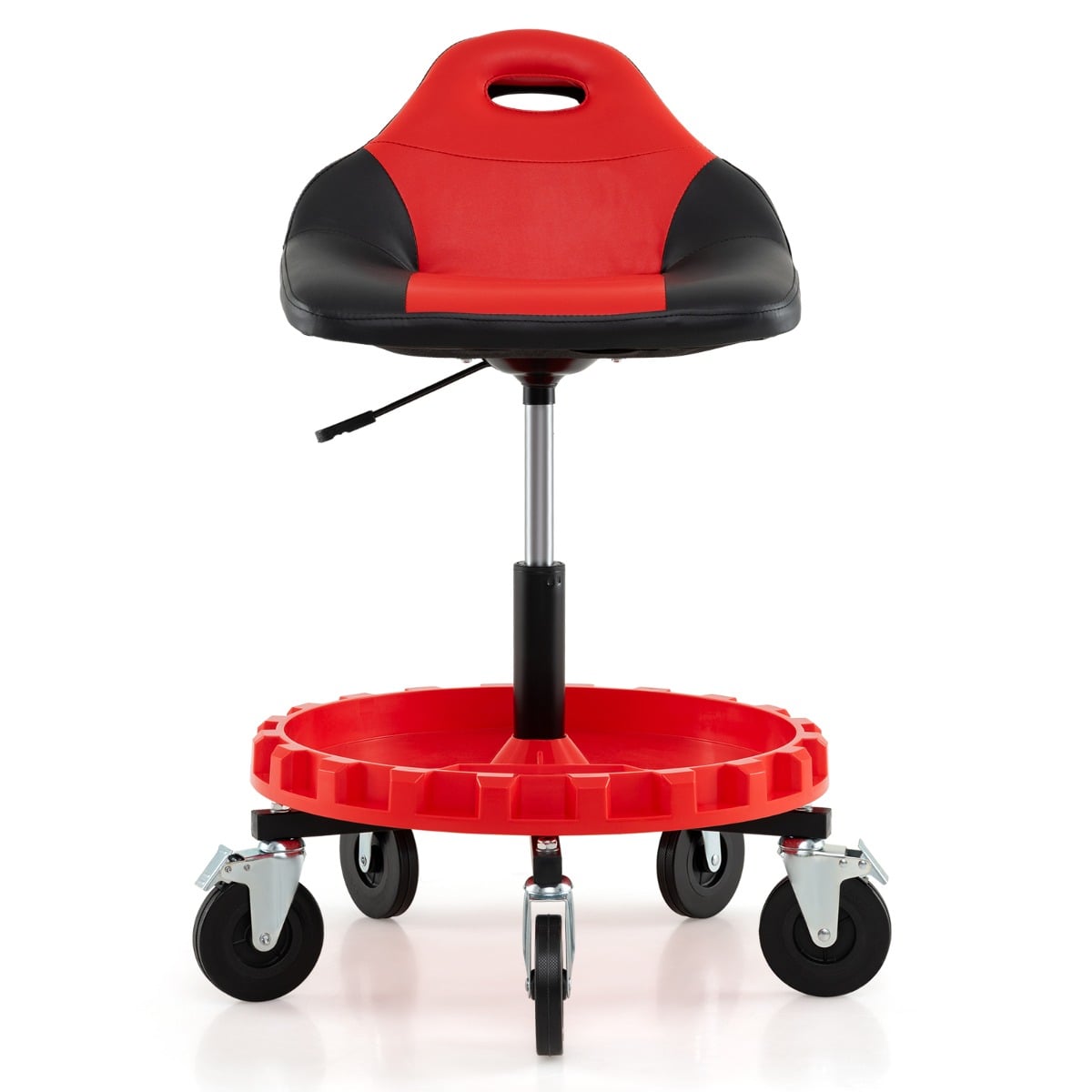 Mechanic Stool on Wheels with 71-83 cm Adjustable Height and Tool Tray Storage-Black & Red