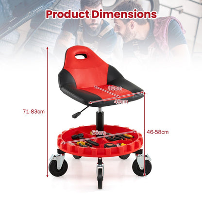Mechanic Stool on Wheels with 71-83 cm Adjustable Height and Tool Tray Storage-Black & Red