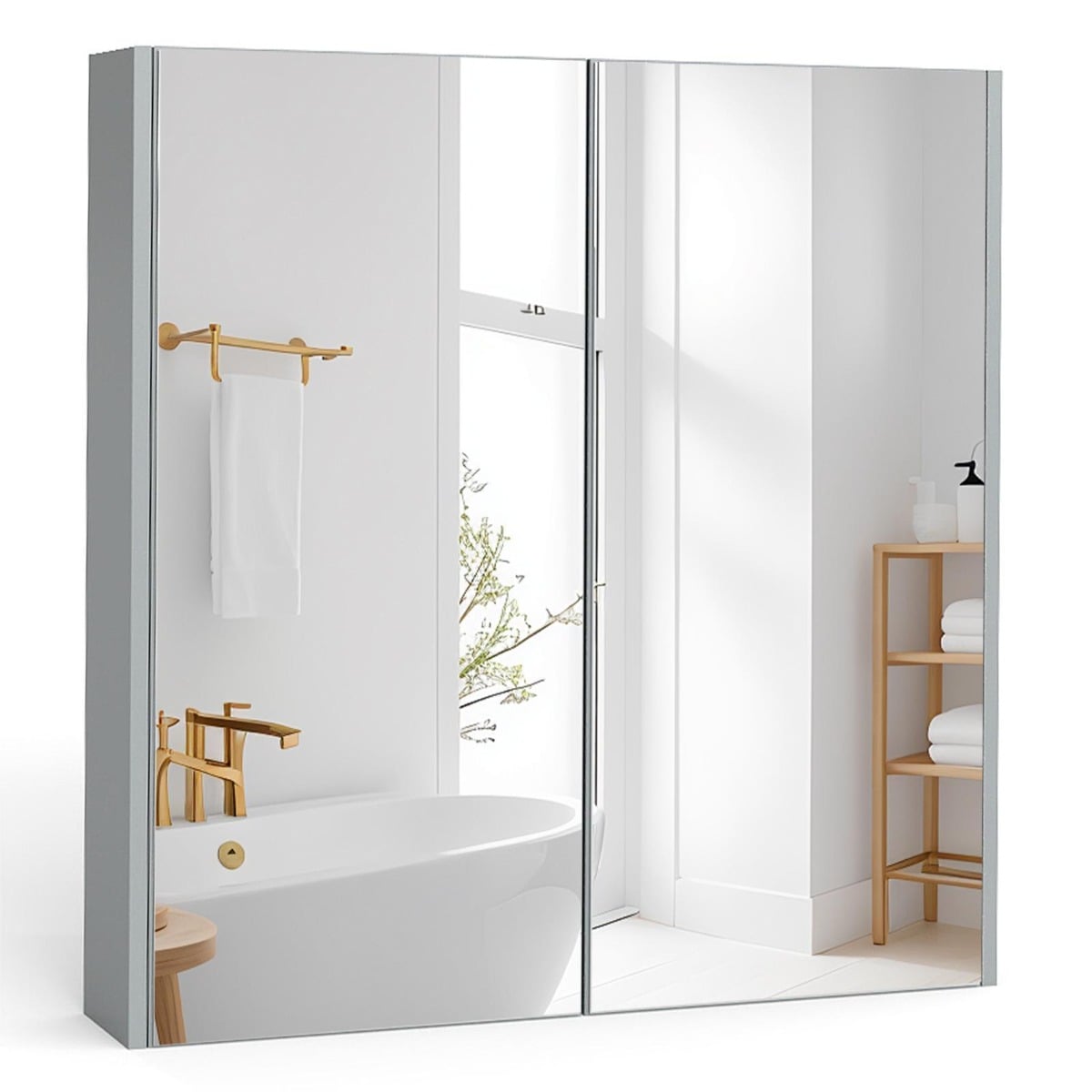 Medicine Cabinet with Mirror and Double Mirrored Doors -Grey