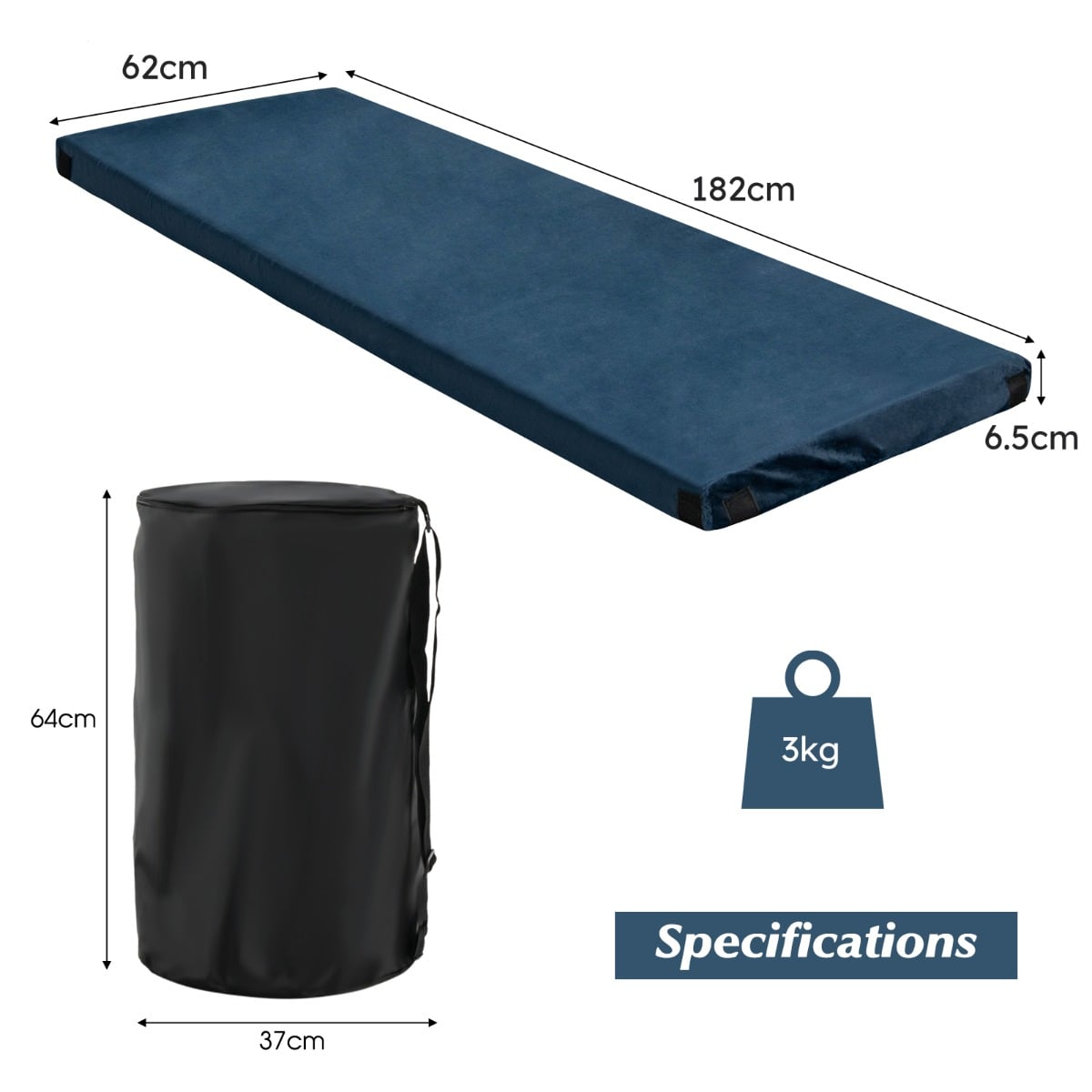 6.5 cm Thick Portable Roll Up Memory Foam Sleeping Pad Camping Mat with Carry Bag-Navy