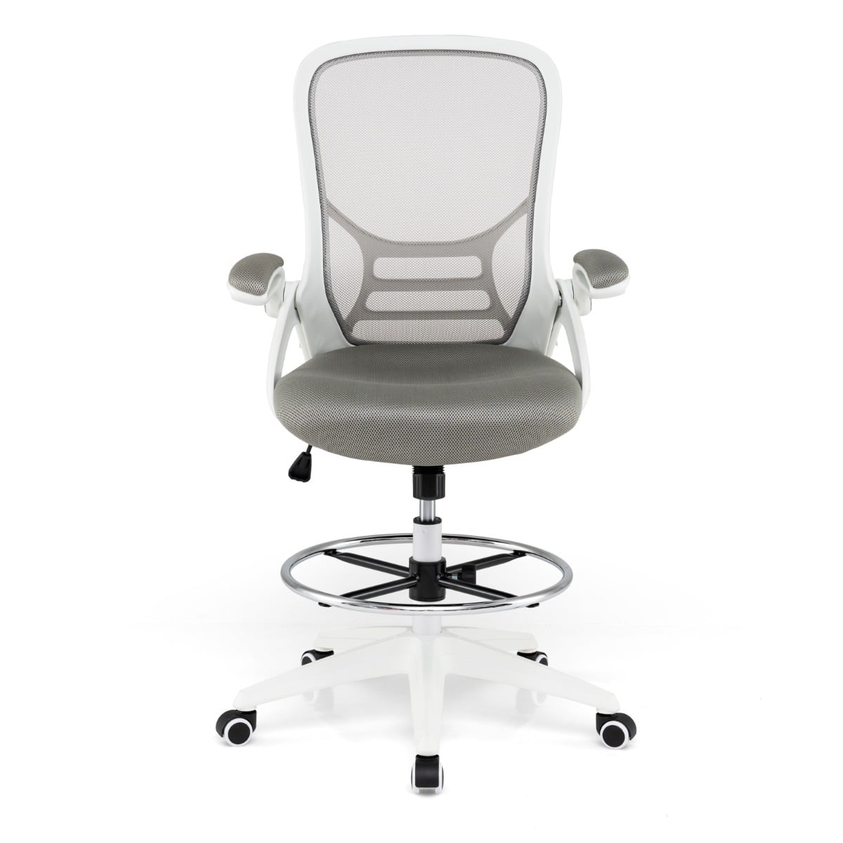 Mesh Drafting Chair with Flip-up Armrests and Mid-Back Padded15-White