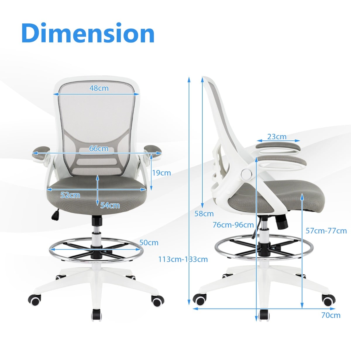 Mesh Drafting Chair with Flip-up Armrests and Mid-Back Padded15-White