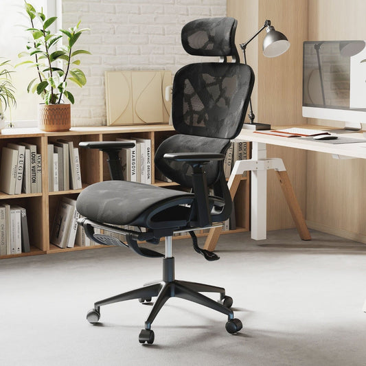 Mesh Office Chair with Retractable Footrest and Waterfall Seat-Black