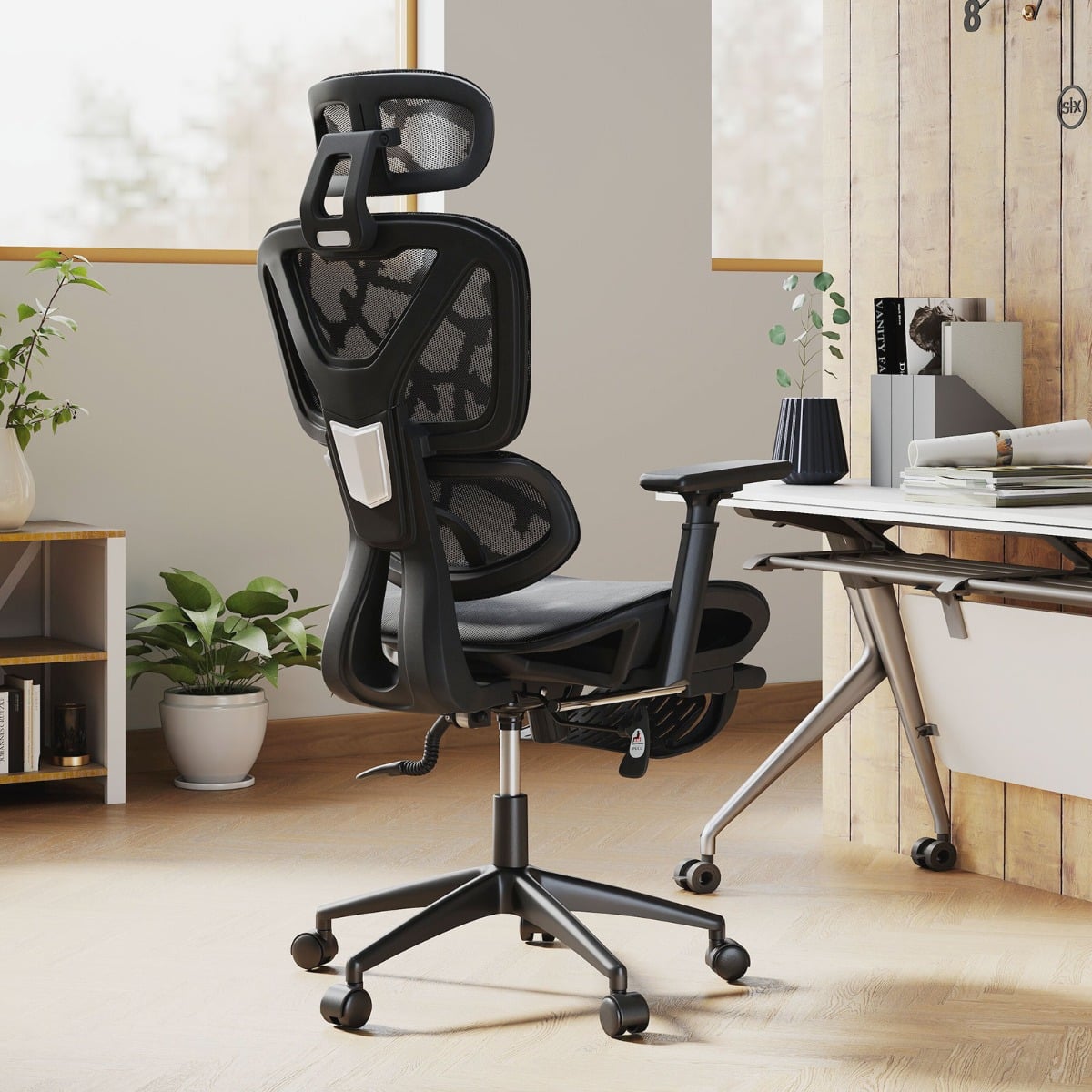 Mesh Office Chair with Retractable Footrest and Waterfall Seat-Black