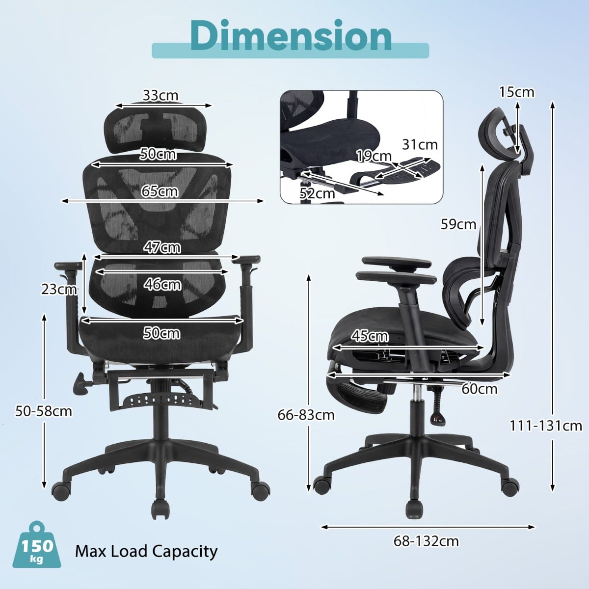 Mesh Office Chair with Retractable Footrest and Waterfall Seat-Black