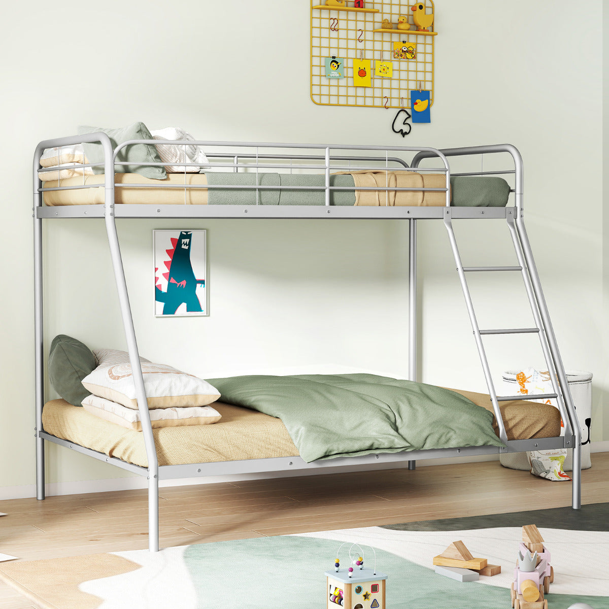 Metal Bunk Bed with Ladder with Safety Guardrail for Teens Adults-Silver