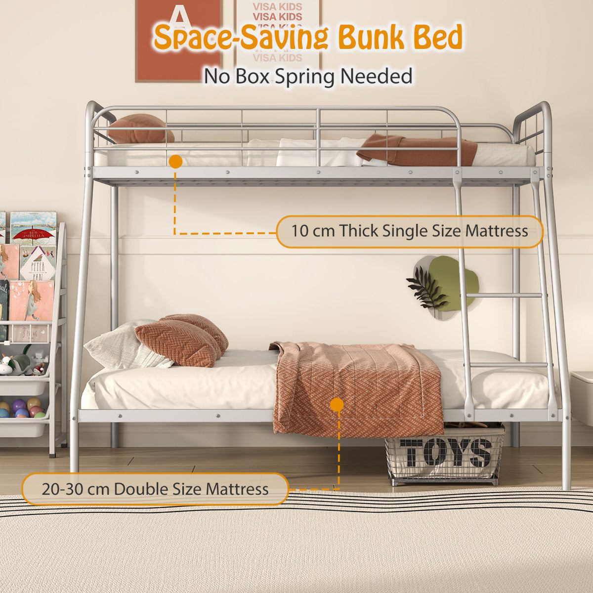 Metal Bunk Bed with Ladder with Safety Guardrail for Teens Adults-Silver