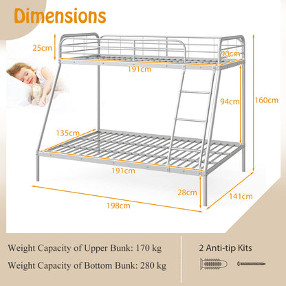 Metal Bunk Bed with Ladder with Safety Guardrail for Teens Adults-Silver