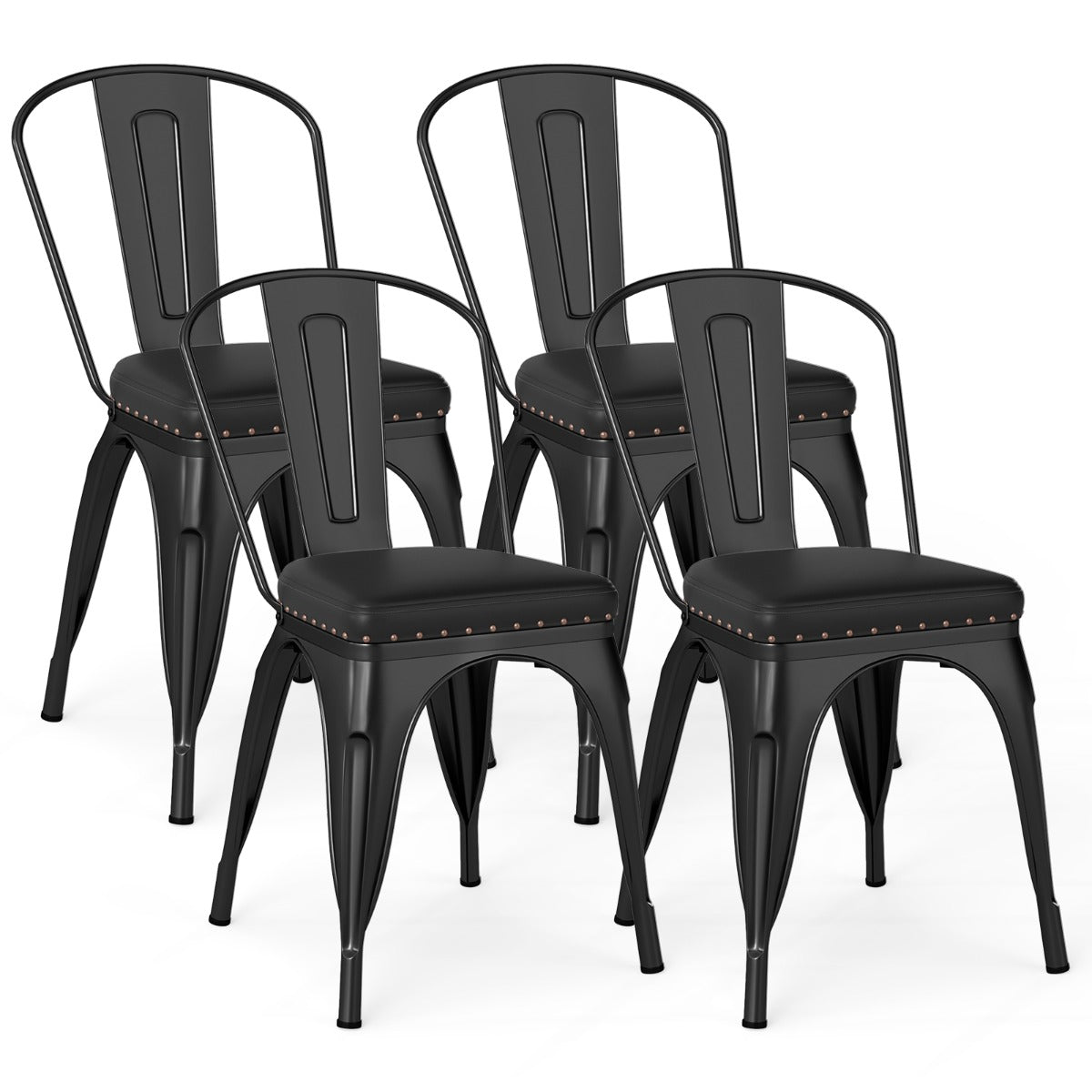 Metal Dining Chair Set of 4 with Removable Backs and PU Leather Cushioned Seat-Black