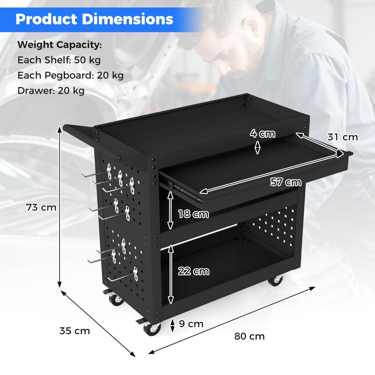 Metal Mechanic Tool Organizer with Large Drawer and 2 Pegboards-Black