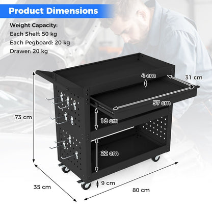 Metal Mechanic Tool Organizer with Large Drawer and 2 Pegboards-Black