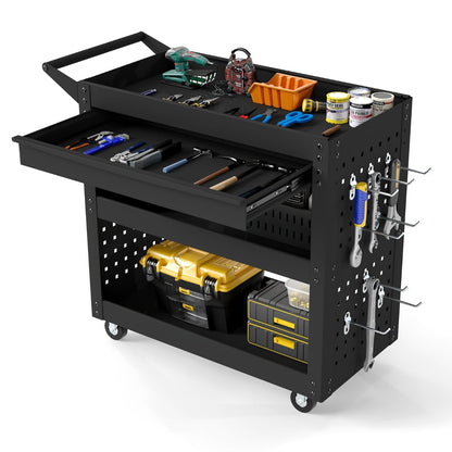 Metal Mechanic Tool Organizer with Large Drawer and 2 Pegboards-Black