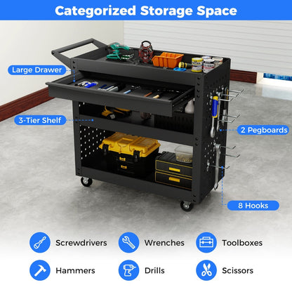 Metal Mechanic Tool Organizer with Large Drawer and 2 Pegboards-Black