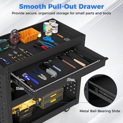 Metal Mechanic Tool Organizer with Large Drawer and 2 Pegboards-Black