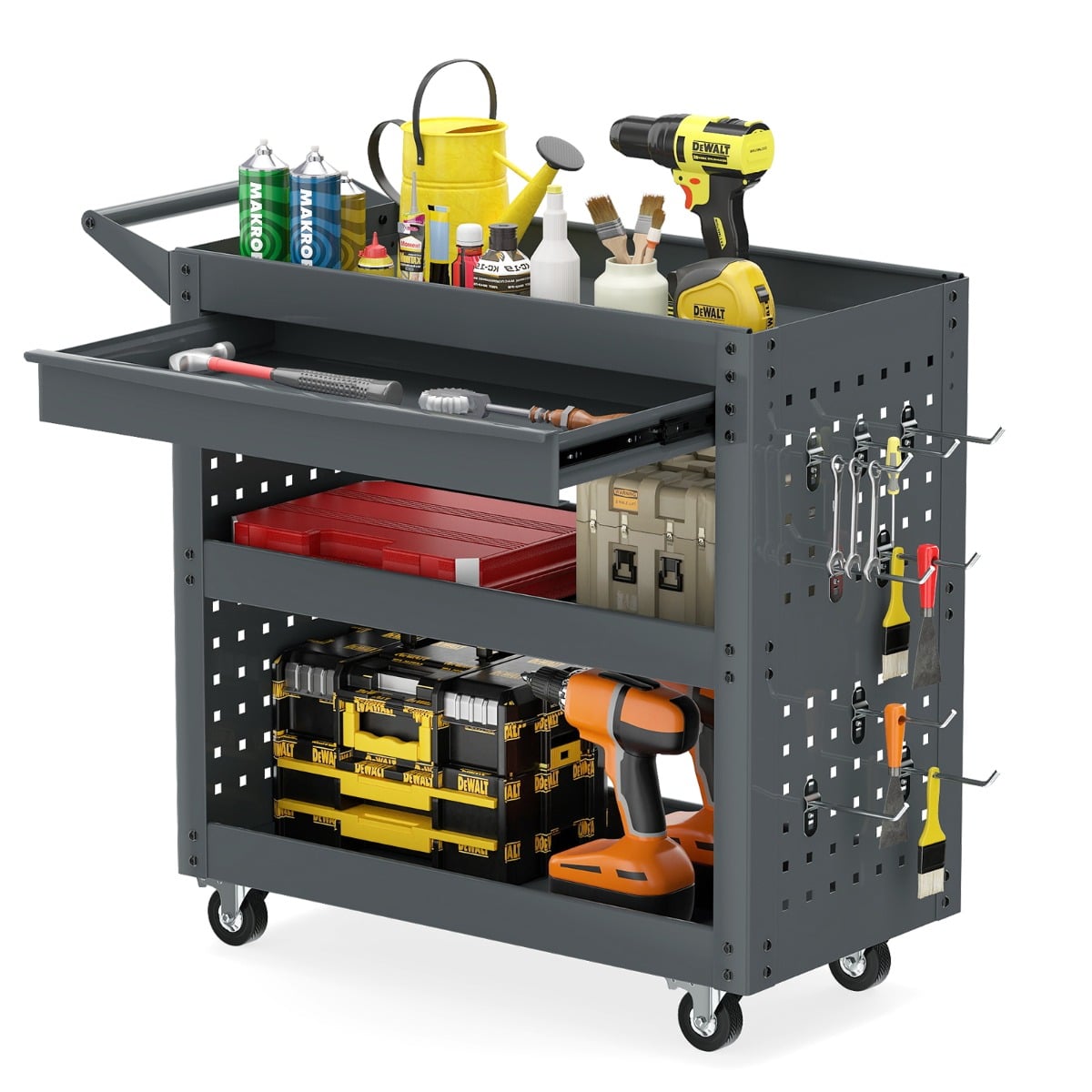 Metal Mechanic Tool Organizer with Large Drawer and 2 Pegboards-Grey