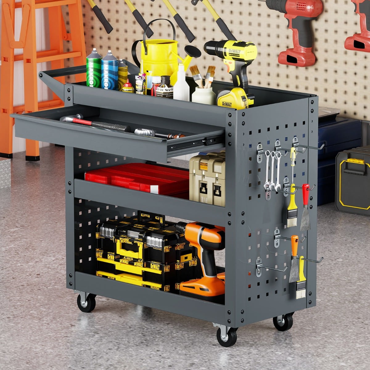Metal Mechanic Tool Organizer with Large Drawer and 2 Pegboards-Grey