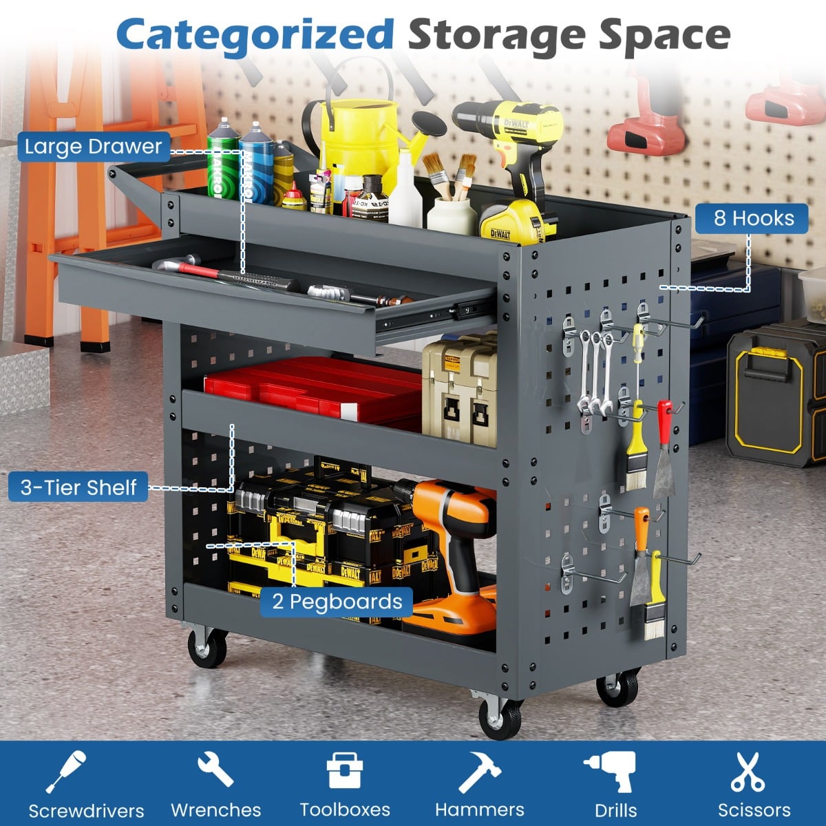 Metal Mechanic Tool Organizer with Large Drawer and 2 Pegboards-Grey