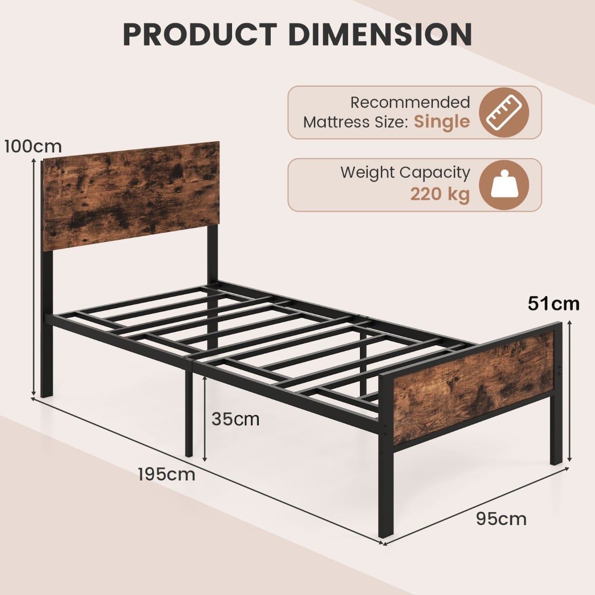 Metal Platform Bed with Headboard and Footboard-Brown-Single Size