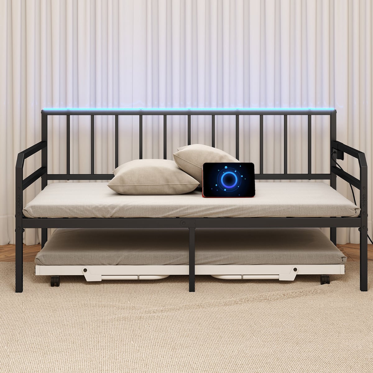 Metal Single Size Daybed with Charging Station and LED Lights-Black
