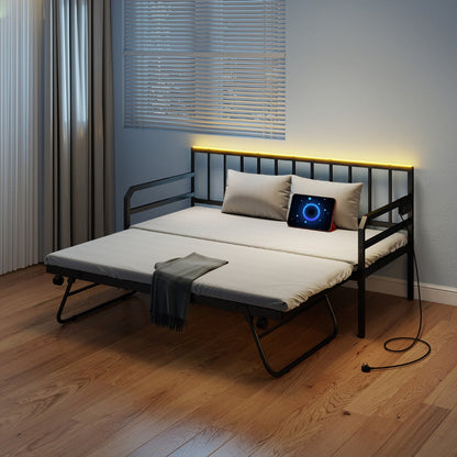 Metal Single Size Daybed with Charging Station and LED Lights-Black