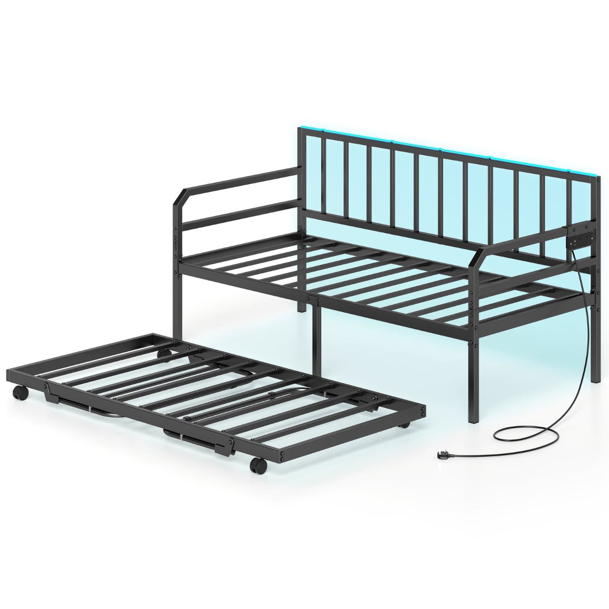 Metal Single Size Daybed with Charging Station and LED Lights-Black
