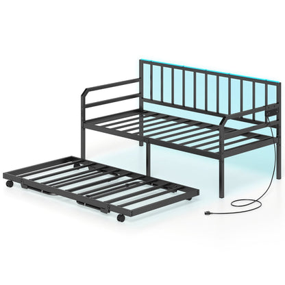 Metal Single Size Daybed with Charging Station and LED Lights-Black