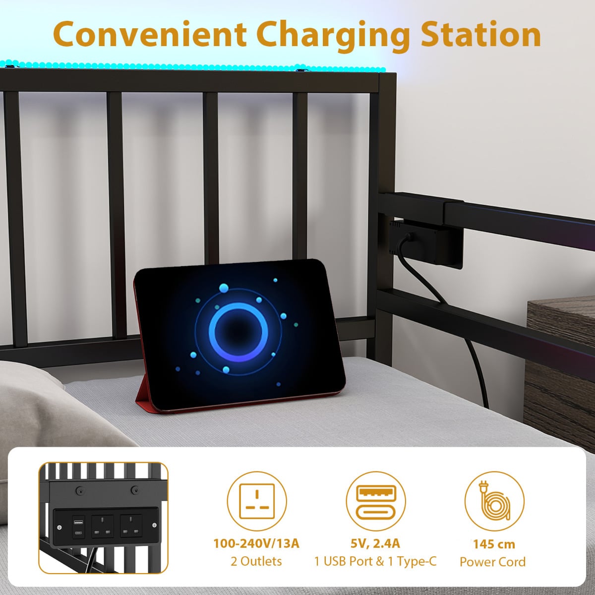Metal Single Size Daybed with Charging Station and LED Lights-Black