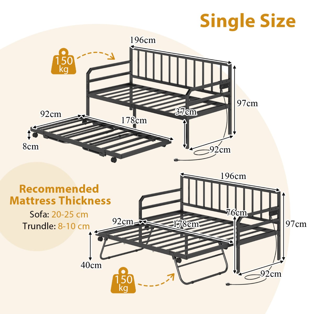 Metal Single Size Daybed with Charging Station and LED Lights-Black