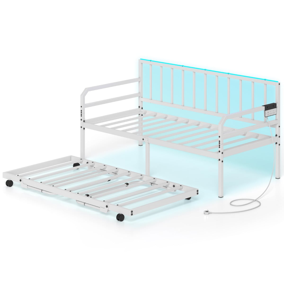 Metal Single Size Daybed with Charging Station and LED Lights-White