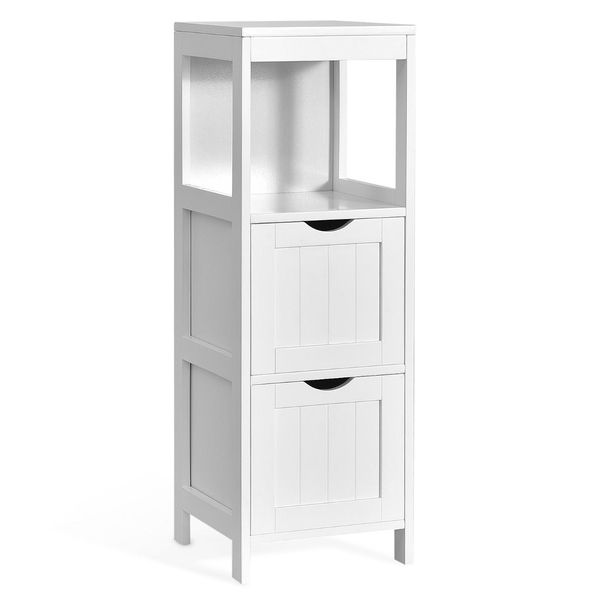 Narrow bathroom cabinet with 2 removable drawers & open shelf white