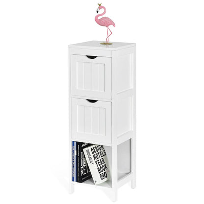 Narrow bathroom cabinet with 2 removable drawers & open shelf white