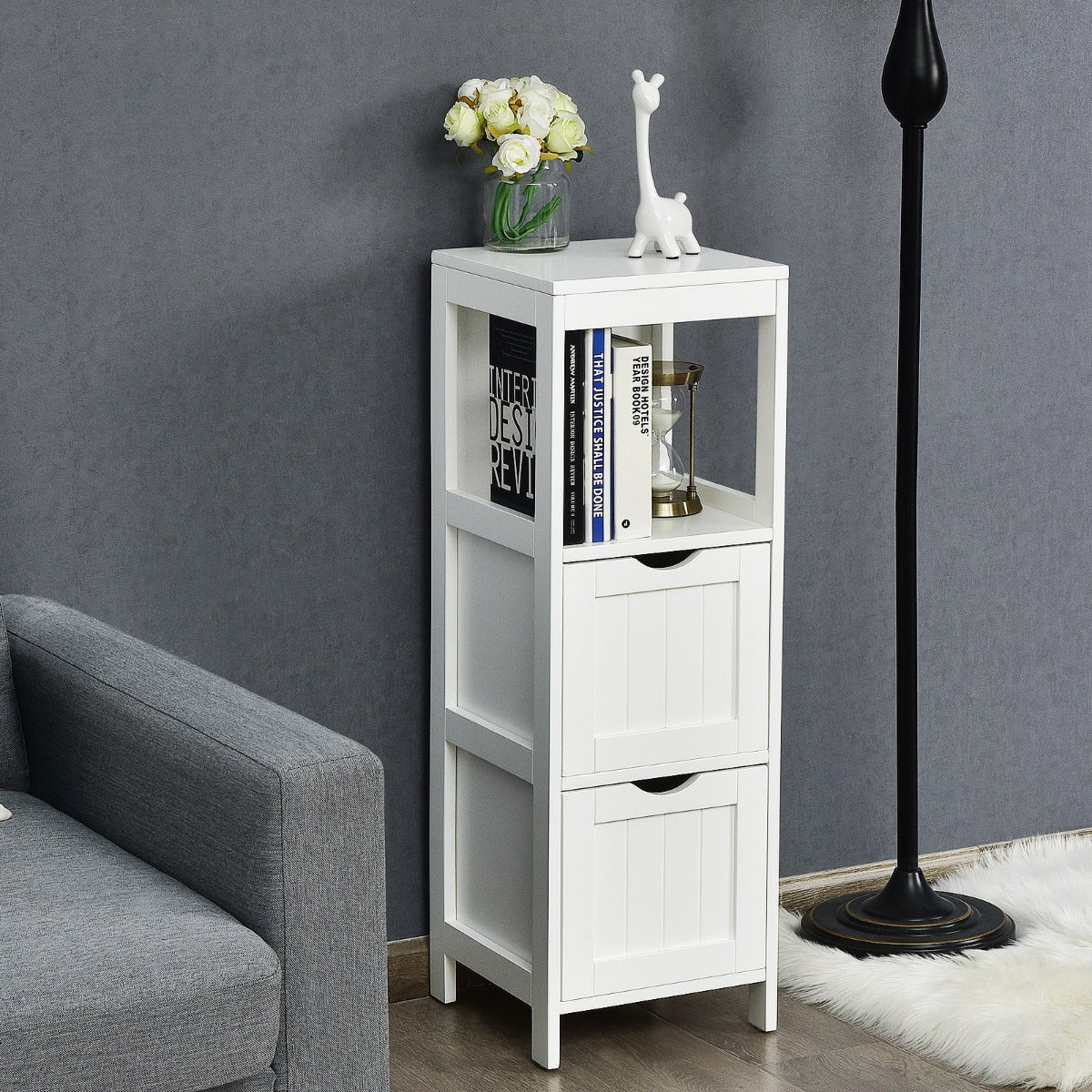 Narrow bathroom cabinet with 2 removable drawers & open shelf white