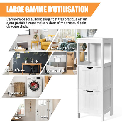 Narrow bathroom cabinet with 2 removable drawers & open shelf white