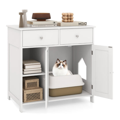 Litter Box Hidden Cat Washroom Side Cabinet Wooden Pet House-White