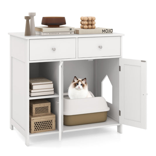 Litter Box Hidden Cat Washroom Side Cabinet Wooden Pet House-White