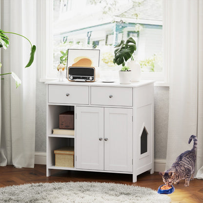 Litter Box Hidden Cat Washroom Side Cabinet Wooden Pet House-White