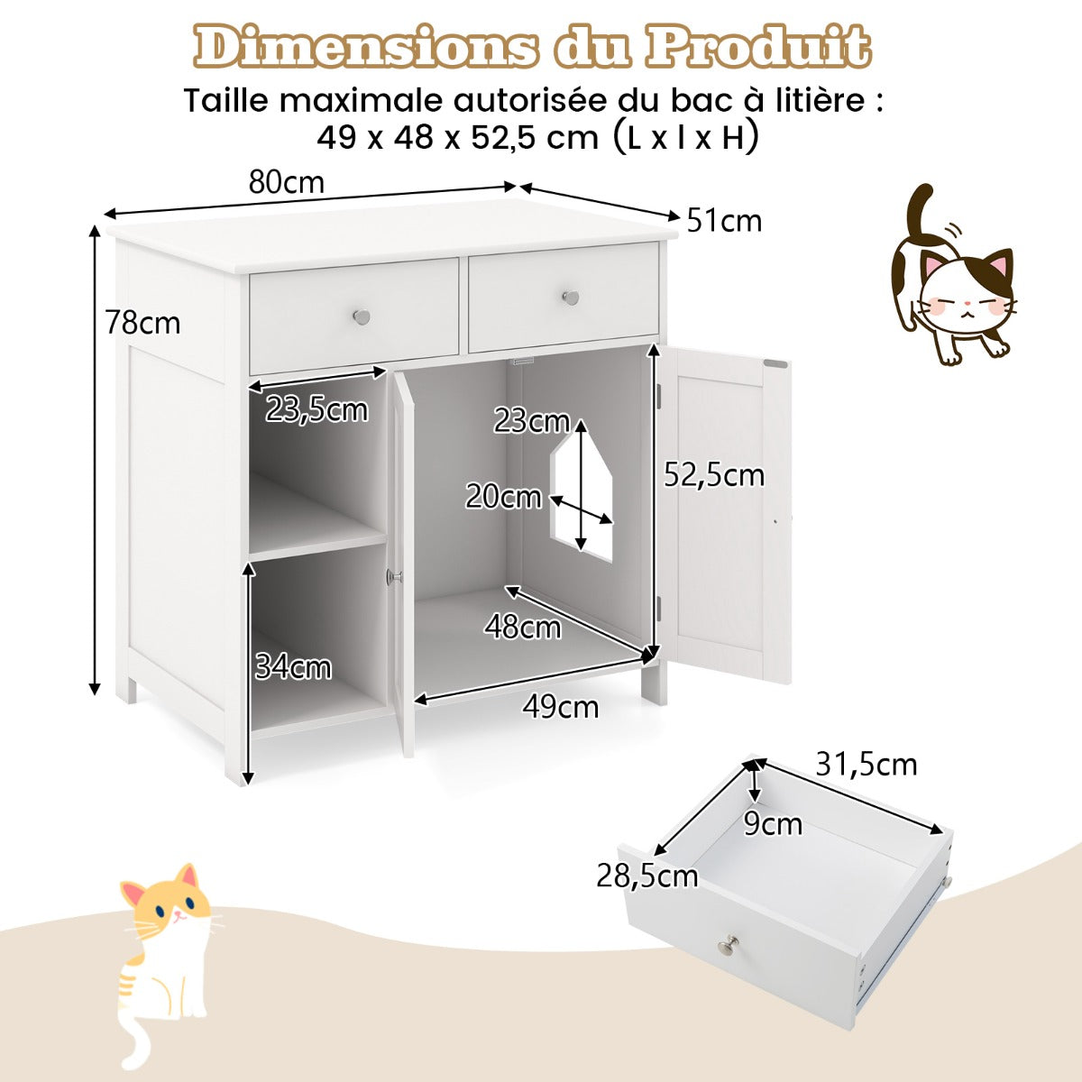 Litter Box Hidden Cat Washroom Side Cabinet Wooden Pet House-White