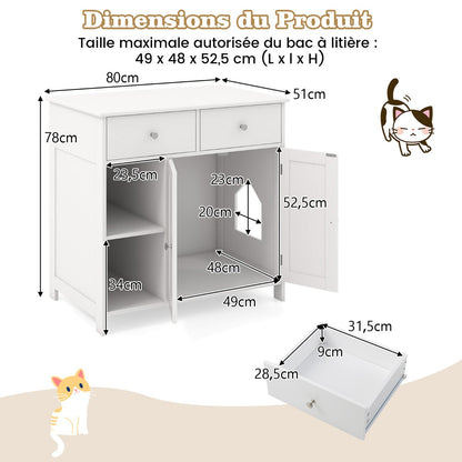 Litter Box Hidden Cat Washroom Side Cabinet Wooden Pet House-White