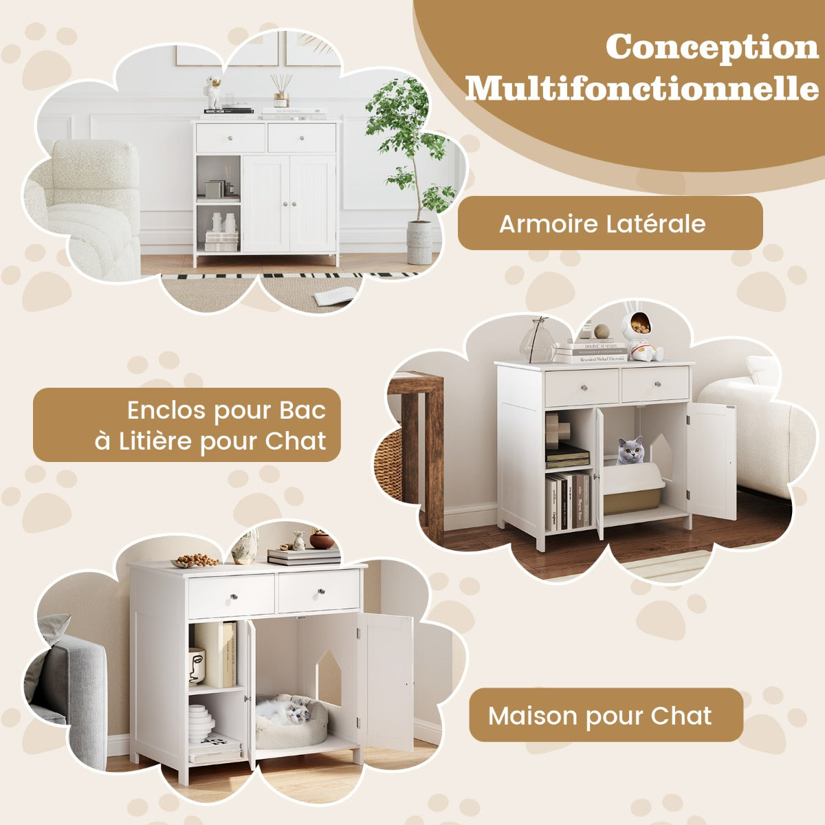 Litter Box Hidden Cat Washroom Side Cabinet Wooden Pet House-White