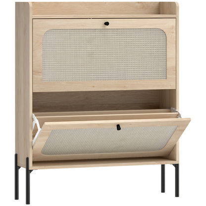 HOMCOM Shoe Cabinet with 2 Flip Drawers, Boho Narrow Shoe Storage Cabinet, Oak
