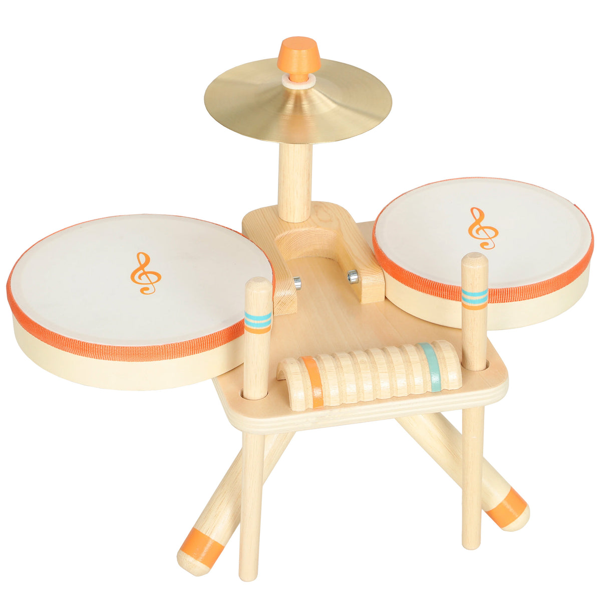 AIYAPLAY Kids Drum Kit, Wooden Musical Instruments with 2 Drums, Cymbal, Scraper, 2 Mallets for Toddlers, Music Learning, Natural