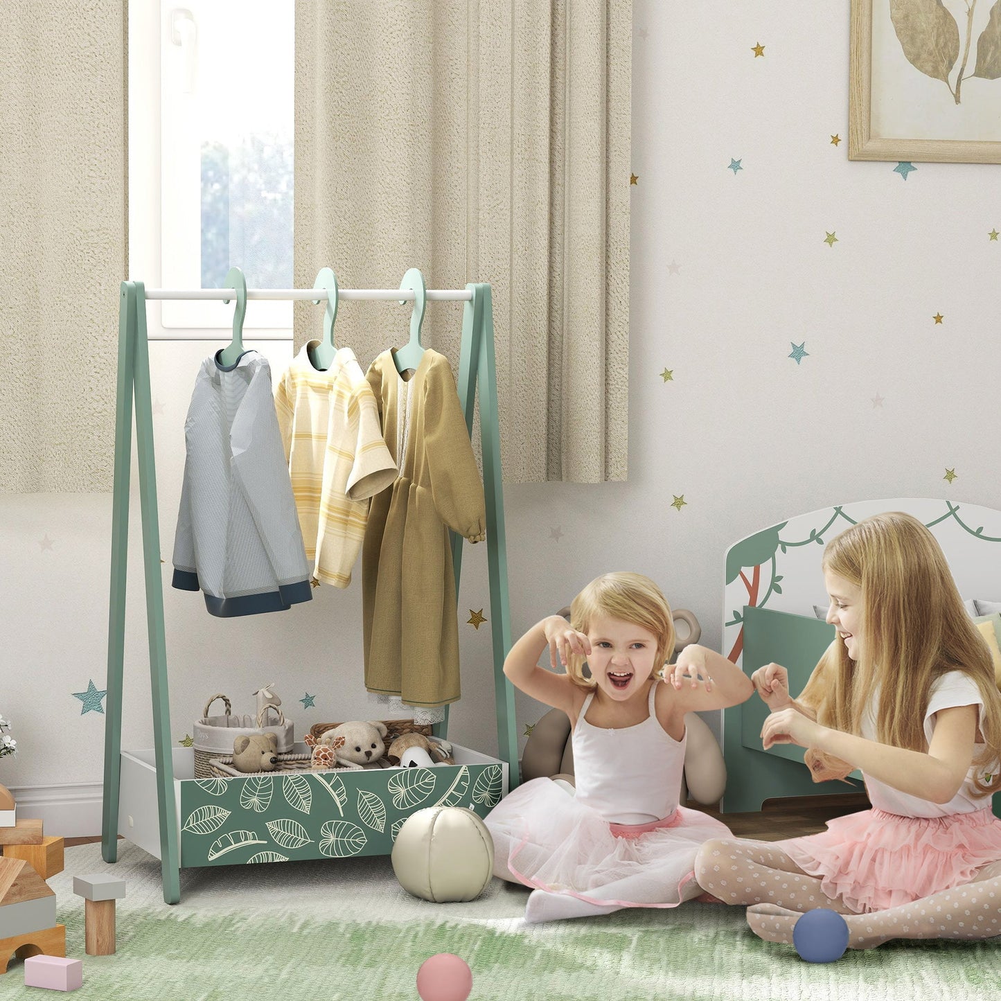 AIYAPLAY Baby Clothing Rack with Hangers, Storage Shelf for Bedroom, Leaf Theme, for Ages 3-6, Green