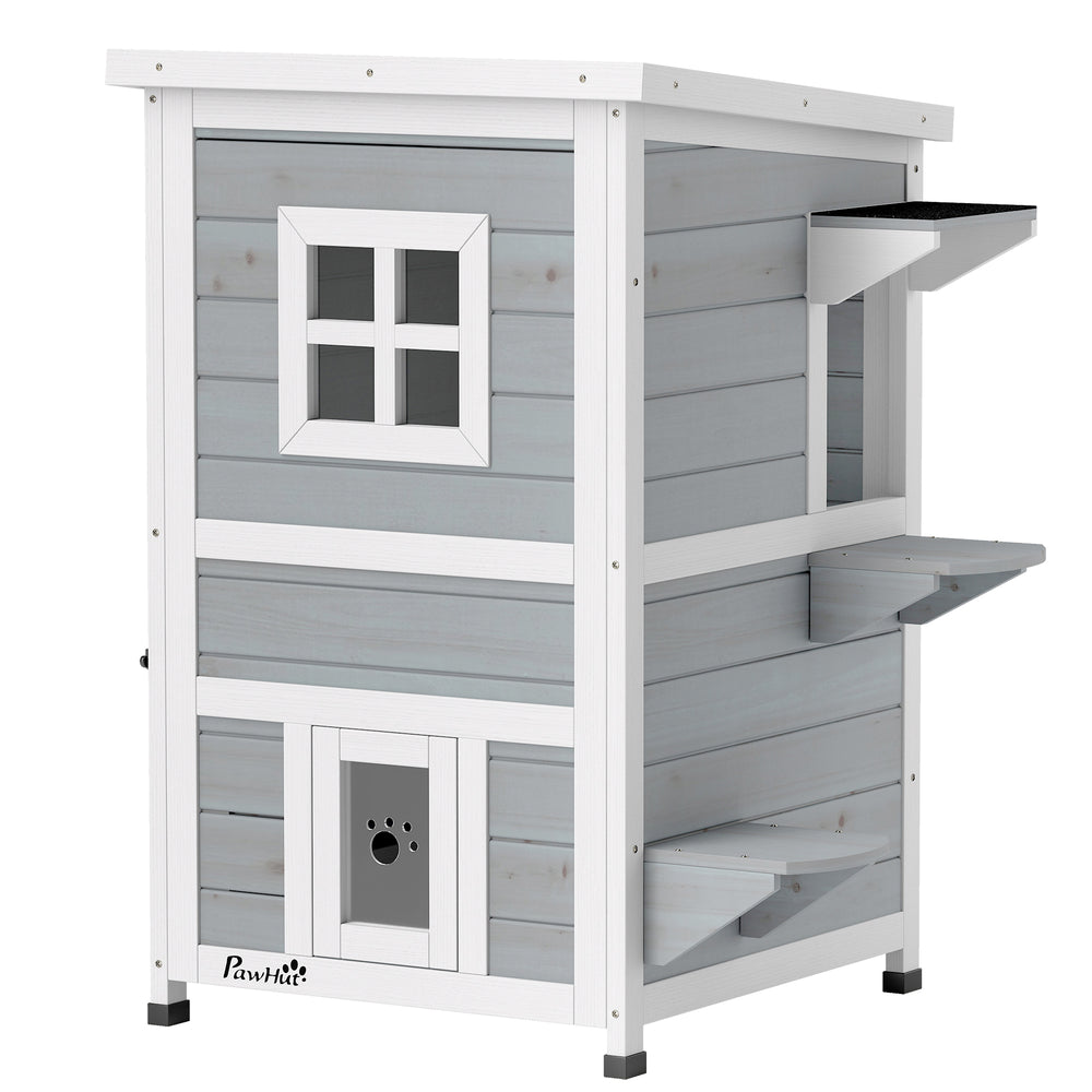 PawHut Wooden Cat House 2-Floor Outdoor Kitten Shelter with 3 Doors and Window Grey